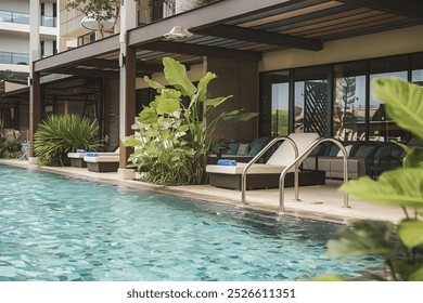 a luxury outdoor swimming pool at a resort hotel - Powered by Shutterstock