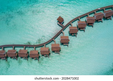 Luxury Overwater Villas From Above. Aerial Drone Picture. Crossroads Maldives, Saii Lagoon Hotel. July 2021