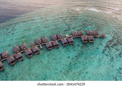 Luxury Overwater Villas From Above. Aerial Drone Picture. Adaaran Prestige Vadoo Hotel. July 2021