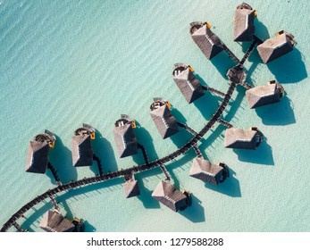 Luxury overwater villas with coconut palm trees, blue lagoon, white sandy beach at Bora Bora island, Tahiti, French Polynesia