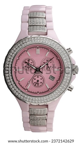 Luxury pink, silver and white wrist watch women with diamonds isolated on white background.
