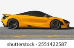 Luxury power sports car side view. Yellow modern sports car parked in the city street. Super sports car concept. Nobody, copy space for text