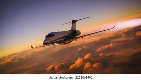 A luxury private jet airplane overflying cloudy skies at sunset - Shutterstock ID 2251061491