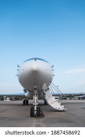 Luxury Private Jet - Front View, The Onboard Stairs Is Already Extended, Ready For Boarding The VIP