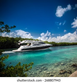 Luxury Private Motor Yacht Sailing Out At Sea
