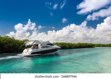 Luxury Private Motor Yacht Sailing Out At Sea
