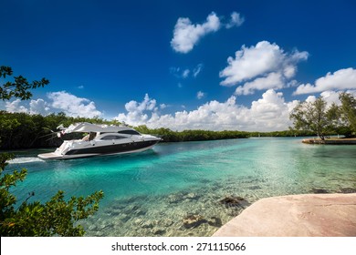 Luxury Private Motor Yacht Sailing Out At Sea 