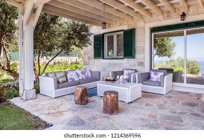 Luxury private villa terrace with view on Mediterranean sea - Shutterstock ID 1214369596