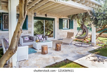 Luxury private villa terrace with view on Mediterranean sea - Shutterstock ID 1214369611