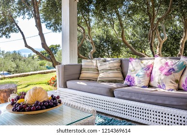 Luxury private villa terrace with view on Mediterranean sea - Shutterstock ID 1214369614