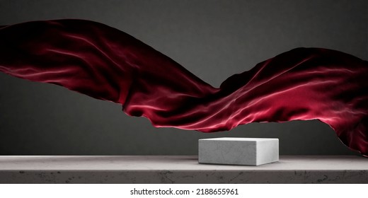 Luxury product placement scene background with stone cube podium on marble table and red fabric float. Premium beauty and fashion product display mockup. Flying silk cloth in aesthetic interior studio - Shutterstock ID 2188655961