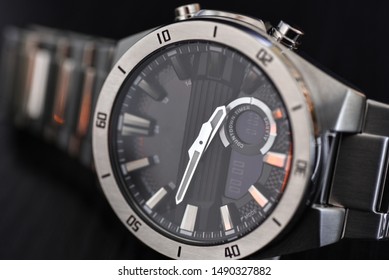 Luxury Quartz Watch With Analog Hands And A Digital Display And A Solar Battery, Tachometer.