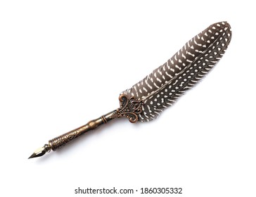 Luxury quill or fountain pen with bird feather for vintage writing isolated on white background