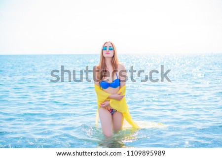 Similar – Surfer woman and yellow surfboard-France