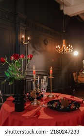 Luxury Romantic Candlelight Dinner Table Set Up For The Couple In View Of The Mountains Restaurant On Valentine's Day With Champagne Wine Glasses And Beautiful Food Decoration.