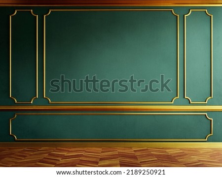 Luxury room interior with golden molding decor and blue wall in vintage style. Classical architecture background mockup