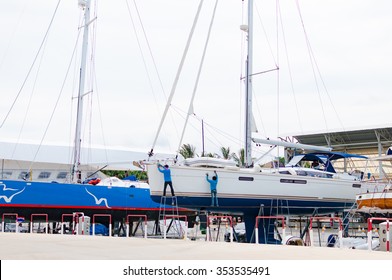 Luxury sailboat on a maintenance process in a shipyard Phuket, Thailand