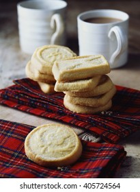 Luxury Scottish All Butter Shortbread Biscuits Stacked On Tartan Tea Towel