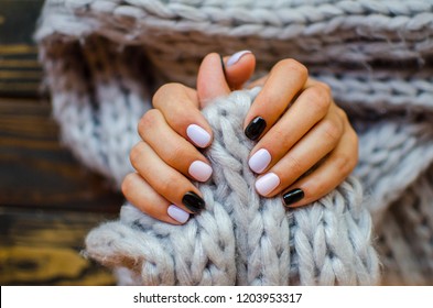 Luxury short manicure  dark wooden background  cozy autumn nails