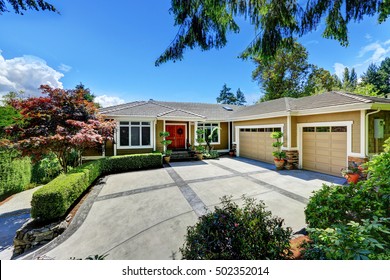 Luxury Single Family House Exterior On Blue Sky Background. Northwest, USA