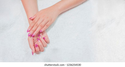 Luxury Sparkling Pink Purple Glitter Gel Nail Art Ombre Style On Fashionista Woman Acrylic Fingernail,girl Doing Spa Manicure