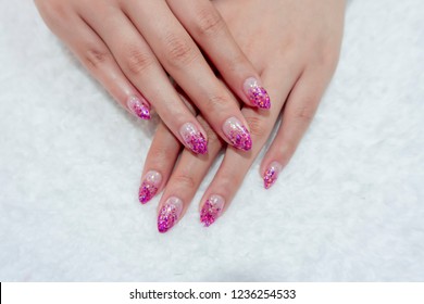 Luxury Sparkling Pink Purple Glitter Gel Nail Art Ombre Style On Fashionista Woman Acrylic Fingernail,girl Doing Spa Manicure