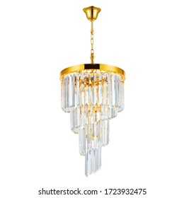 Luxury Spiral Chandelier 9 Lights Isolated On White Background. Modern Pendant Ceiling Light Fixture In Gold Brass Finish And Crystals. Vintage Hanging Lights. Classic Pendant Sconce Lighting Lamp