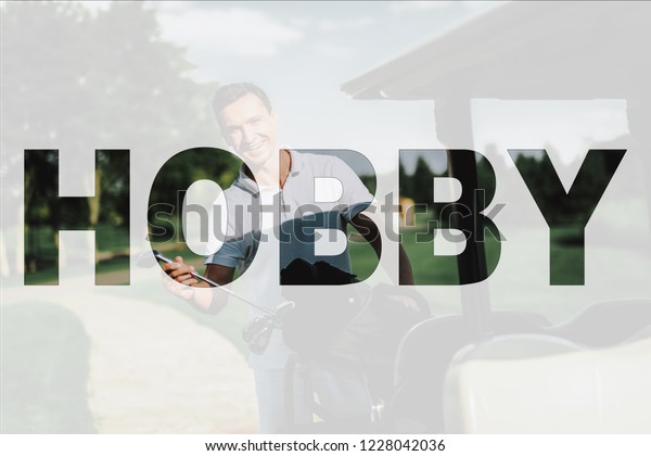 Luxury Sport, Hobby. Golfer and Golf Clubs in
Car. Player near Caddy Car. Guy is Golfing. Equipment is in Golf
Cart. Active Recreation. Rich People Lifestyle. Elite Sports.
Transparent Text Effect.