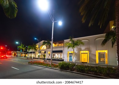 Luxury Stores In World Famous Rodeo Drive In Beverly Hills At Night. California, USA