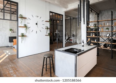Luxury Studio Apartment With A Free Layout In A Loft Style In Dark Colors. Stylish Modern Kitchen Area With An Island, Cozy Bedroom Area With Fireplace And Personal Gym
