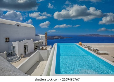 Luxury summer travel and vacation landscape. Swimming pool with sea view. White architecture on Santorini island, Greece. Beautiful resort terrace, famous destination scenic. Idyllic couple relaxation