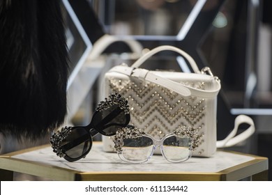Luxury Sunglasses And Purses In A Store In London.
