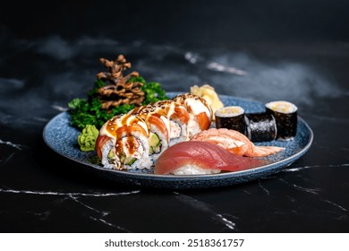 luxury sushi set with nigiri, maki and rolls on a black background  - Powered by Shutterstock