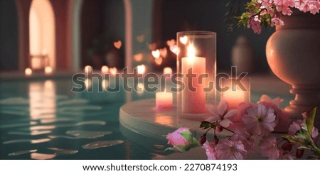 luxury  swim pool romantic  Indoor Pool Spa with flower  in water candles light decor banner