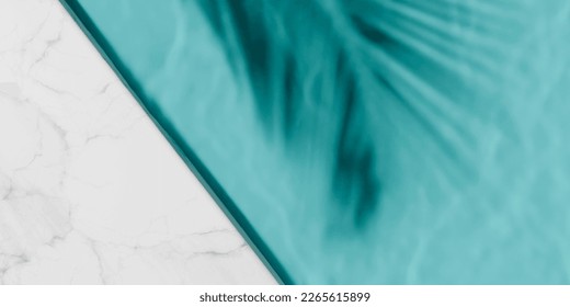 Luxury swimming pool and palm shadow in water top view. Summer tropical background for product placement podium mockup. 