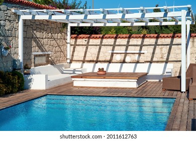 Luxury Swimming Pool And Patio Of A Residential Aegean Or Mediterranean Villa.