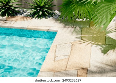 Luxury swimming pool with tropical plants and stone path. Poolside patio in mediterranean holiday villa. Top view. - Powered by Shutterstock