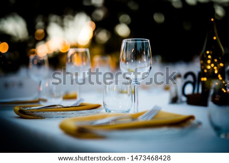 Luxury table settings for fine dining with and glassware, beautiful blurred  background. For events, weddings.  Preparation for holiday props for weddings, birthdays, and celebrations.
