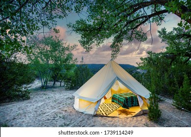 Luxury Tent At A Campsite At Sunset