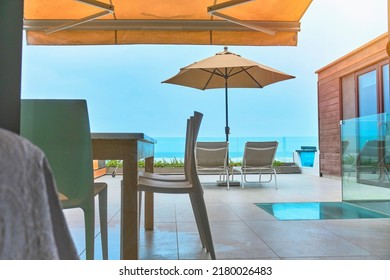 Luxury Terrace Balcony For Relaxed Vacation At Sea, Selective Focus. Travel Concept