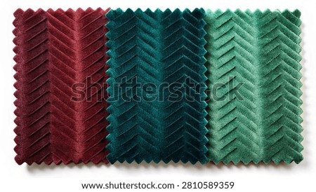 The luxury textile samples showcase a plush embossed chevron zigzag pattern and pinked edges, neatly arranged and isolated on a clean white background.