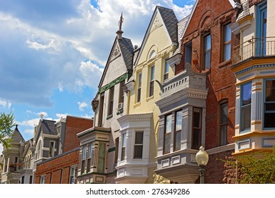 Luxury Townhouses Of Washington DC, USA. Colorful Townhouses Near Dupont Circle In Washington DC.