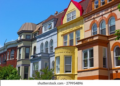 Luxury Townhouses Of Washington DC, USA. Colorful Townhouses Near Dupont Circle In Washington DC.