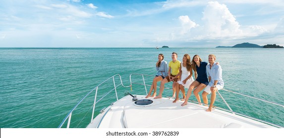 Luxury Vacation. Group Of Young Beautiful People Smiling On The Yacht. Banner. 