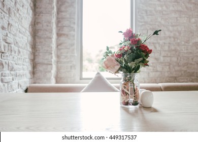 Luxury Vintage Marble Table Decoration With Flower Glass White Brick Wall 