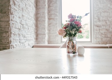 Luxury Vintage Marble Table Decoration With Flower Glass White Brick Wall 