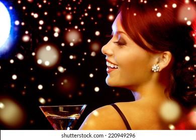 Luxury, Vip, Nightlife, Party, Christmas, X-mas, New Year's Eve Concept - Beautiful Woman In Evening Dress With Cocktail