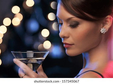 Luxury, Vip, Nightlife, Party Concept - Beautiful Woman In Evening Dress With Cocktail