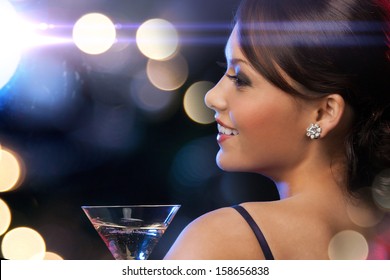 Luxury, Vip, Nightlife, Party Concept - Beautiful Woman In Evening Dress With Cocktail