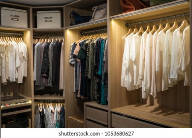 Luxury walk in closet / dressing room with lighting and jewel display. Dresses, handbags, blouses and sweaters on hangers in the wardrobes. Hoizontal.